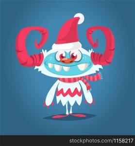 Funny cartoon monster wearing Santa Claus hat. Christmas illustration