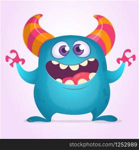 Funny cartoon monster with big mouth laughing. Vector blue monster illustration. Big set of Halloween characters. Design for decoration, print or sticker