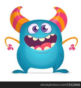 Funny cartoon monster with big mouth. Vector blue monster illustration. Halloween design