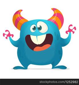 Funny cartoon monster with big teeth. Vector blue monster illustration with hands up. Halloween design