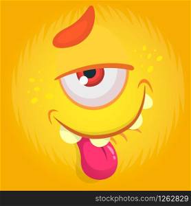 Funny cartoon monster with funny expression showing tongue. Halloween vector illustration. Monster face avatar
