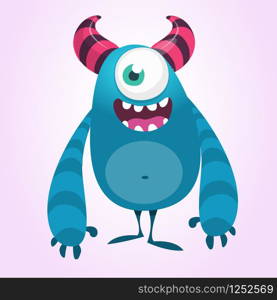 Funny cartoon monster with one eye. Vector blue monster illustration. Big set of Halloween characters