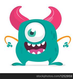Funny cartoon monster with one eye. Vector blue monster illustration. Halloween design