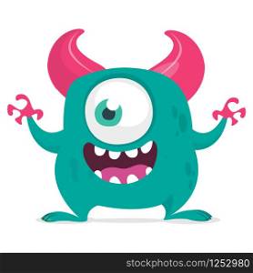 Funny cartoon monster with one eye. Vector blue one-eyed monster illustration. Halloween design