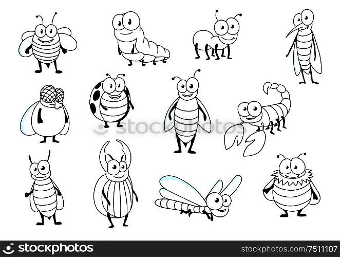 Funny cartoon outline bee, ant, ladybug, fly, caterpillar, dragonfly, mosquito bumblebee wasp, stag beetle hornet and scorpion. Insect characters for mascot, children book or nature design. Funny cartoon colorless insect characters