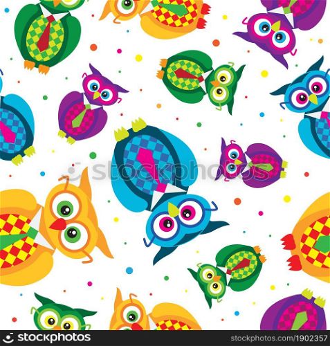 Funny cartoon owls set seamless pattern. Vector illustration.