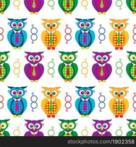 Funny cartoon owls set seamless pattern. Vector illustration.