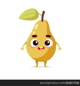 Funny cartoon pear. Kawaii fruit character. Vector food illustration isolated on white background.