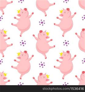 funny cartoon pig with crown dancing. Character design seamless pattern. Vector illustration isolated on white background.