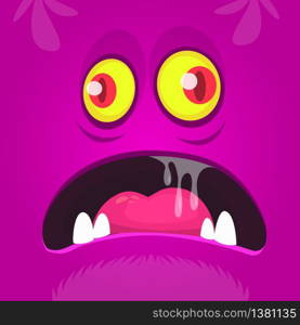 Funny Cartoon Pink Monster Face With Yellown Eyes. Vector Halloween illustration of scared monster