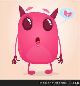 Funny cartoon pink monster in love. Vector illustration of cute monster for St.Valentine&rsquo;s Day