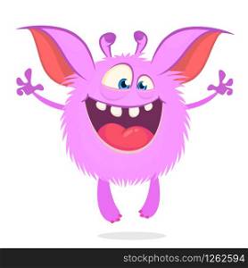 Funny cartoon pink monster. Vector illustration of monster exciting