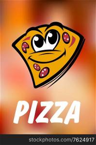 Funny cartoon pizza slice on colorful background and text for fast food or pizzeria design