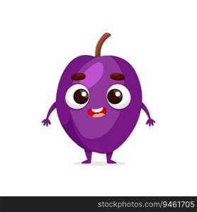 Funny cartoon plum. Kawaii fruit character. Vector food illustration isolated on white background.