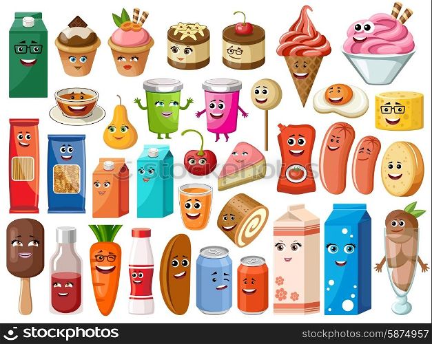 Funny cartoon products with face on the white background. Vector illustration