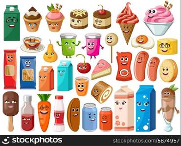 Funny cartoon products with face on the white background. Vector illustration