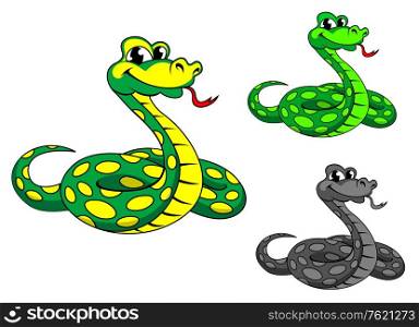 Funny cartoon python snake in three variations isolated on white background