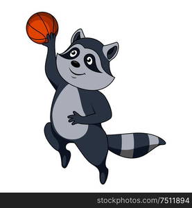 Funny cartoon raccoon basketball player character jumping with ball for a slam dunk shot. For sporting team or club mascot . Cartoon raccoon player with ball