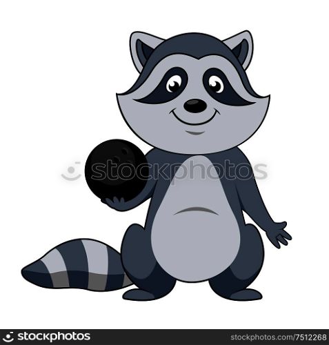 Funny cartoon raccoon player with black bowling ball isolated on white background. For sports or club mascot design. Cartoon raccoon player with bowling ball