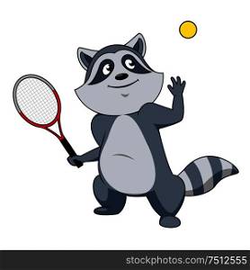 Funny cartoon raccoon tennis player character with racket and tennis ball, for sport mascot design . Cartoon raccoon tennis player character