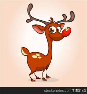 Funny cartoon red nose reindeer character. Christmas vector illustration