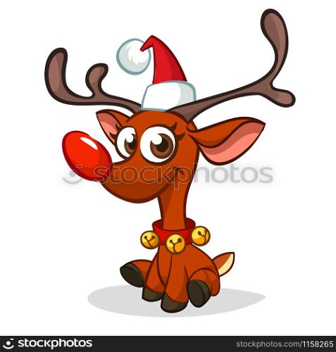 Funny cartoon red nose reindeer character. Christmas vector illustration isolated