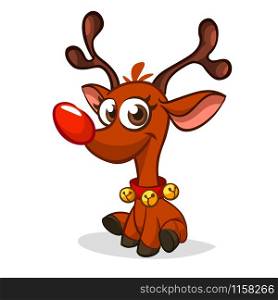 Funny cartoon red nose reindeer character. Christmas vector illustration isolated