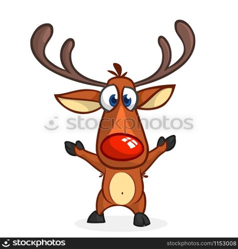 Funny cartoon red nose reindeer character excited waving hands. Christmas vector illustration isolated