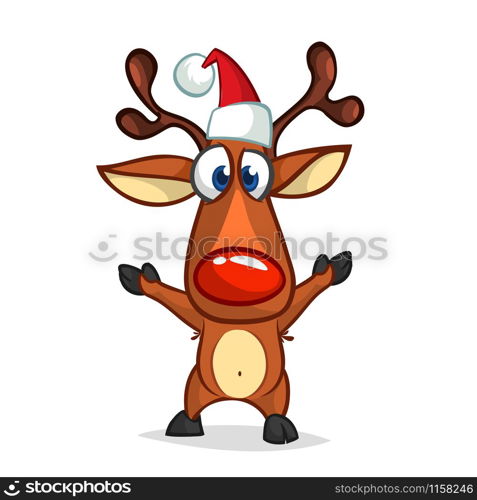 Funny cartoon red nose reindeer character in Santa hat. Christmas illustration isolated