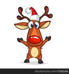 Funny cartoon red nose reindeer character in Santa hat. Christmas illustration isolated