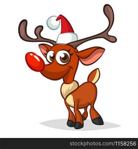 Funny cartoon red nose reindeer character in Santa hat. Christmas illustration isolated