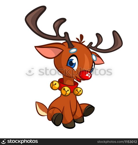 Funny cartoon red nose reindeer character wearing bells oh his neck and sitting Christmas vector illustration
