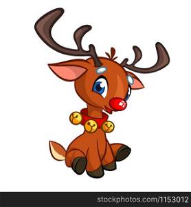 Funny cartoon red nose reindeer character wearing bells oh his neck and sitting Christmas vector illustration
