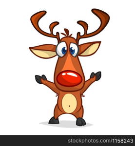 Funny cartoon red nose reindeer waving hands excited. Christmas vector illustration isolated