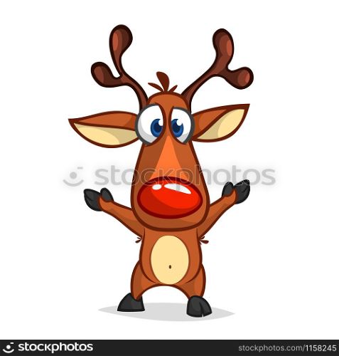 Funny cartoon red nose reindeer waving hands excited. Christmas vector illustration isolated