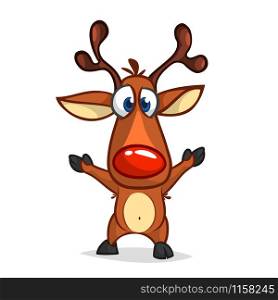 Funny cartoon red nose reindeer waving hands excited. Christmas vector illustration isolated