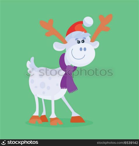 Funny cartoon reindeer icon. Cute deer character in Santa hat and scarf isolated flat vector illustration. Celebrating Merry Christmas, Happy New Year concept. For Christmas greeting card, invitation. Funny Cartoon Reindeer Flat Vector Icon. Funny Cartoon Reindeer Flat Vector Icon