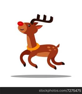 Funny cartoon reindeer with luxury antlers side view vector illustration isolated on white background. Horned deer leaps in air and smile. Funny cartoon reindeer with luxury antlers side view
