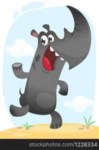 Funny cartoon rhino dancing. Wild tropic animal collection. Isolated on white background. Vector illustration of rhino running and smiling. Design element