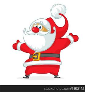 Funny cartoon Santa claus character pointing hand isolated white background. Vector Christmas illustration
