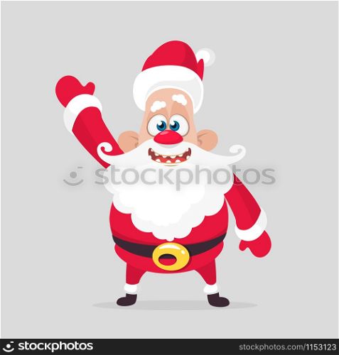 Funny cartoon Santa claus character waving hand isolated white background. Vector Christmas illustration