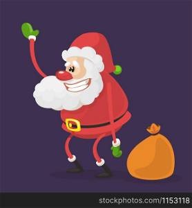 Funny cartoon Santa claus character with a brown bag with gifts. Vector Christmas illustration