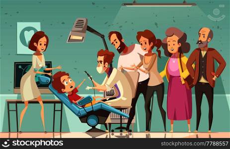 Funny cartoon scene in dentist office with doctor nurse baby in armchair his parents and grandparents vector illustration. Dentist Treating Baby Cartoon Illustration