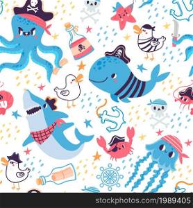 Funny cartoon seamless pattern for kids with pirate animals. Marine travel design with whale, shark, crab and octopus, sea vector wallpaper. Undersea characters for childish textile. Funny cartoon seamless pattern for kids with pirate animals. Marine travel design with whale, shark, crab and octopus, sea vector wallpaper