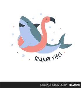 Funny cartoon shark in a flamingo floatie in a flat style. Vector hand drawn illustration. Animal character design. Funny cartoon shark in a flat style.