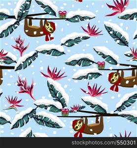 Funny cartoon sloth xmas gift box snowy tropical jungle seamless pattern blue background. Christmas winter lazybones