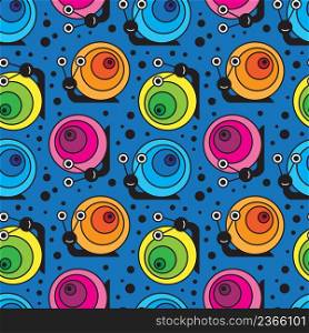 Funny cartoon snail seamless pattern on blue background. Vector illustration.