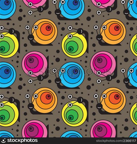 Funny cartoon snail seamless pattern on brown background. Vector illustration.