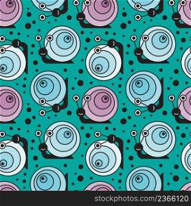 Funny cartoon snail seamless pattern on green background. Vector illustration.