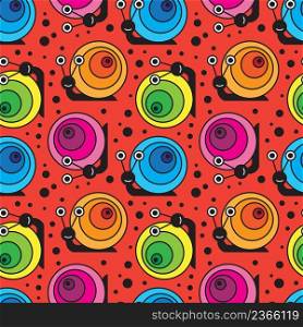 Funny cartoon snail seamless pattern on red background. Vector illustration.